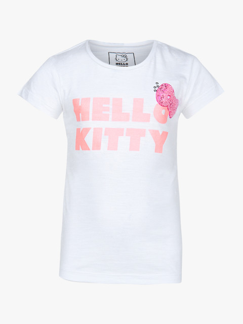 

Kids Ville Girls White Hello Kitty Printed Round Neck T-shirt