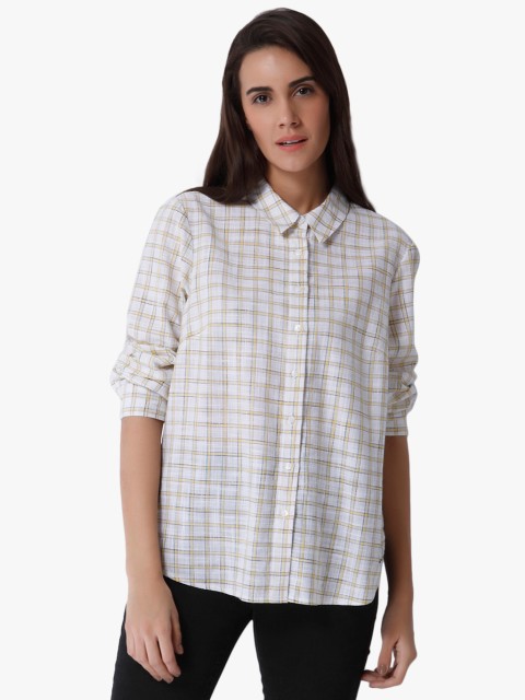 

Vero Moda Women Off-White & Yellow Regular Fit Checked Casual Shirt