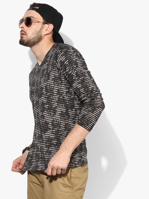 

Dark Grey Striped Slim Fit V Neck T-Shirt