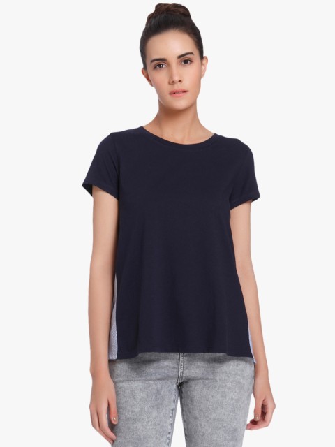 Vero Moda Women Navy Solid Styled Back Pure Cotton Top, Navy blue
