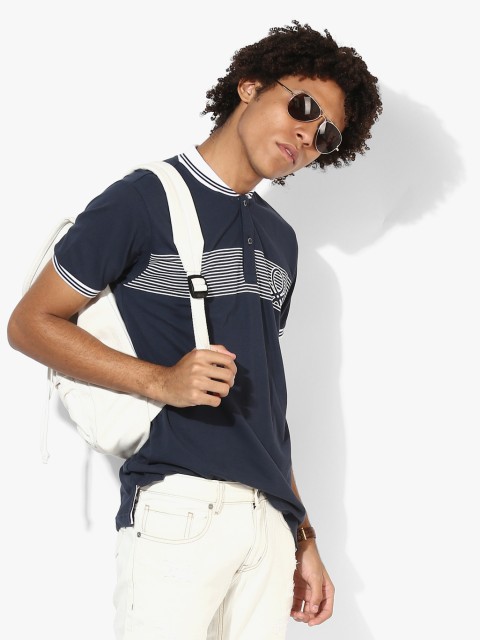 

Navy Blue Striped Regular Fit Polo T-Shirt