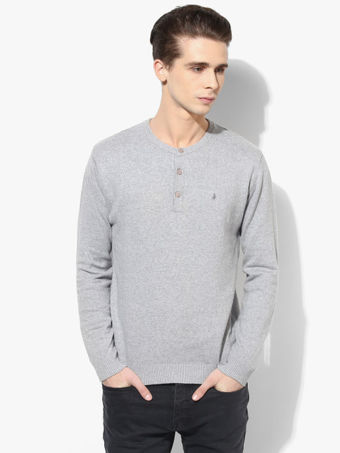 

John Players Men Grey Solid Slim Fit Round Neck Sweaters, Grey melange