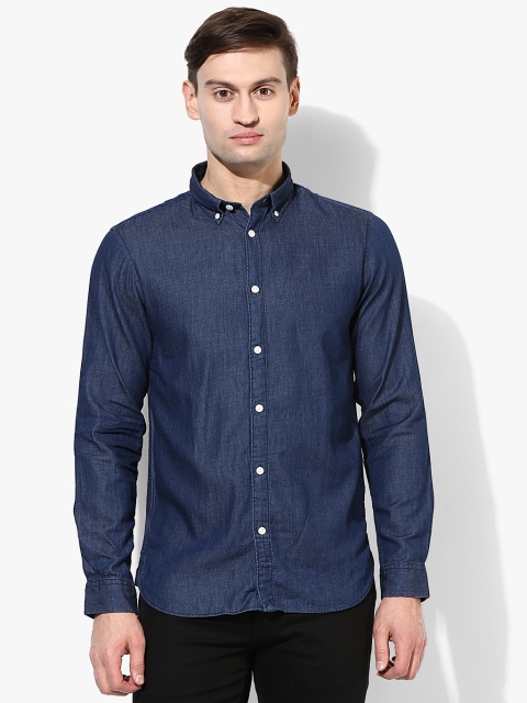 

Navy Blue Solid Slim Fit Denim Shirt