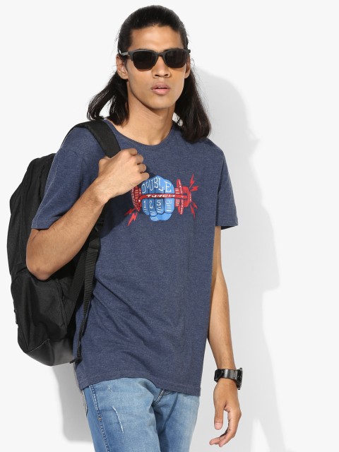 

Navy Blue Printed Straight Fit Round Neck T-Shirt