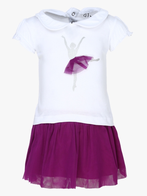 

Gini and Jony Girls White & Purple Printed Top with Skirt