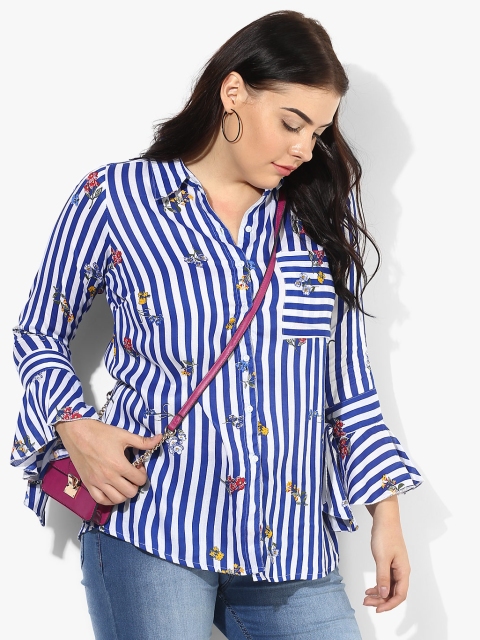 

Qurvii Plus Size Women Blue White Regular Fit Printed Bell Sleeves Casual Shirt
