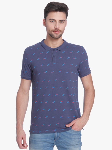 Blue Printed Regular Fit Polo T-Shirt