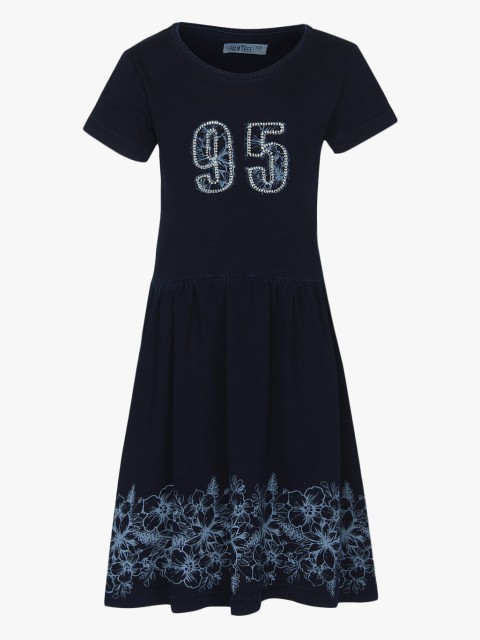 

Gini and Jony Girls Navy Blue Solid Fit and Flare Dress with Printed Detail