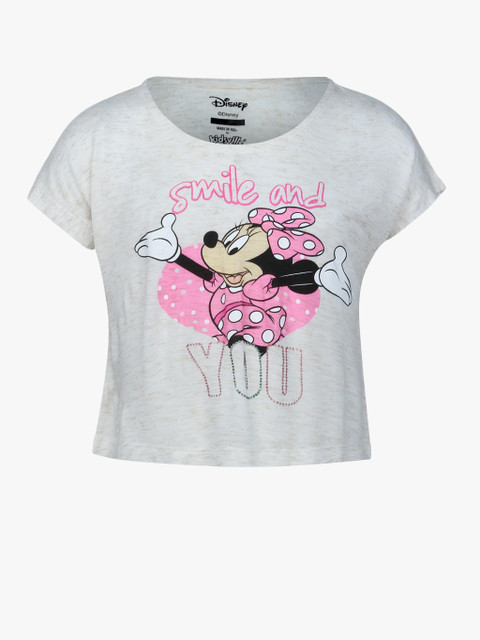 

Kids Ville Girls White Mickey & Friends Printed Round Neck T-shirt, Off white