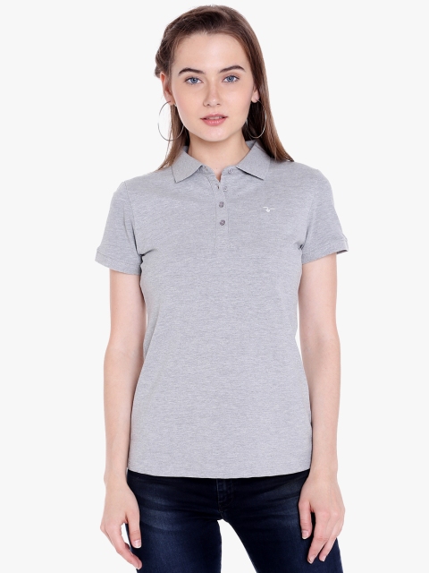 

SPYKAR Women Grey Melange Solid Polo Collar Pure Cotton T-shirt