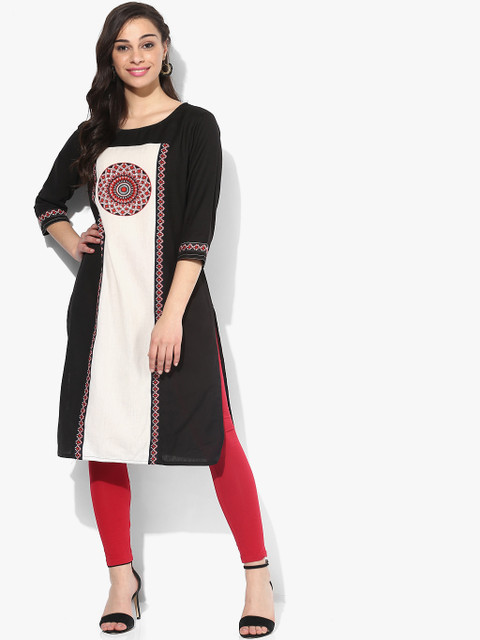

RANGMANCH BY PANTALOONS Women Black & Off-White Printed Straight Kurta