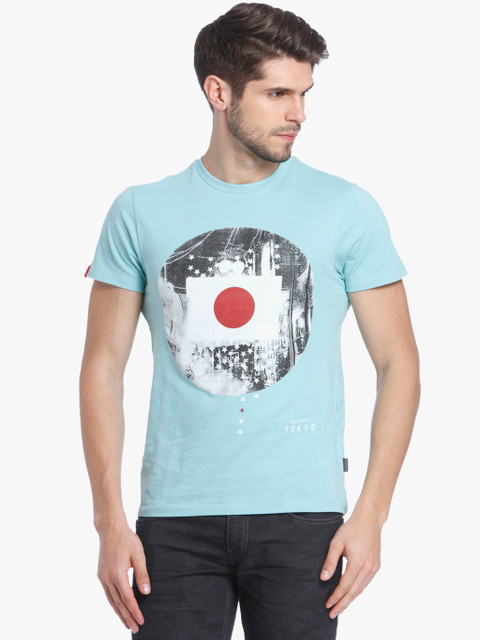 

Light Blue Printed Slim Fit Round Neck T-Shirt
