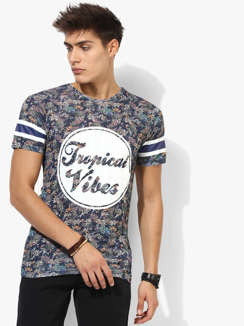 

Multicoloured Printed Slim Fit Round Neck T-Shirt, Multi