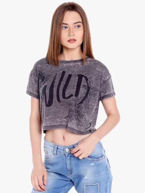 

SPYKAR Women Charcoal Grey Printed Round Neck Cropped T-shirt with Washed Effect