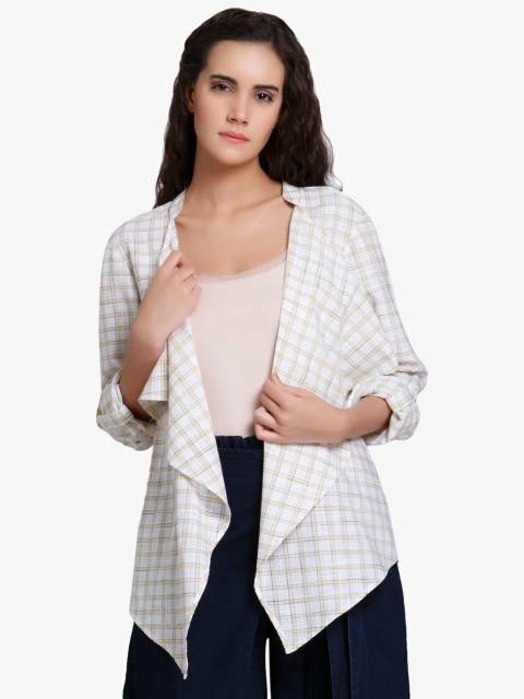 

Vero Moda Women Off-White & Yellow Checked Open Front Shrug
