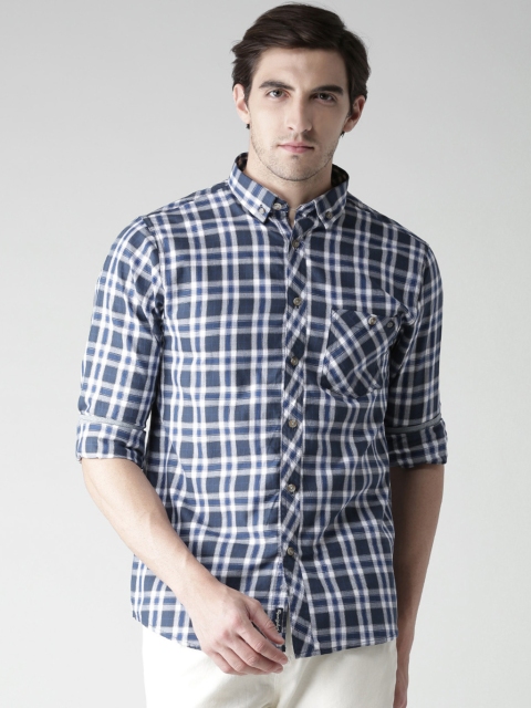 

Tokyo Laundry Navy Blue & White Checked Regular Fit Casual Shirt
