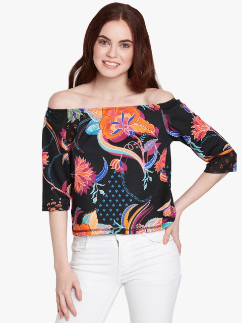 

Global Desi Women Black Printed Bardot Top