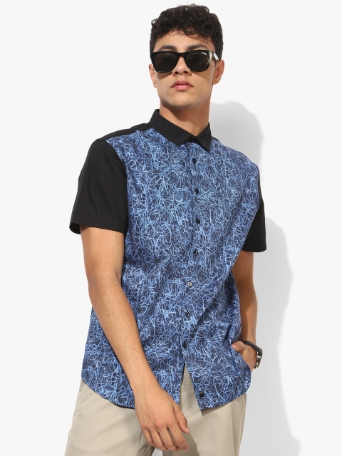Blue Printed Regular Fit Casual Shirt