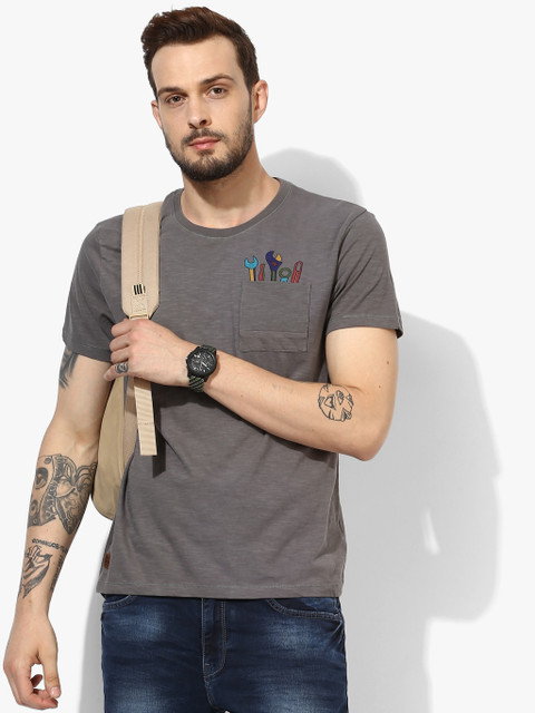 

Dark Grey Printed Regular Fit Round Neck T-Shirt