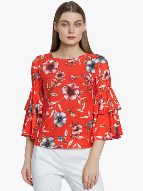 

AND Women Coral Red Printed Top