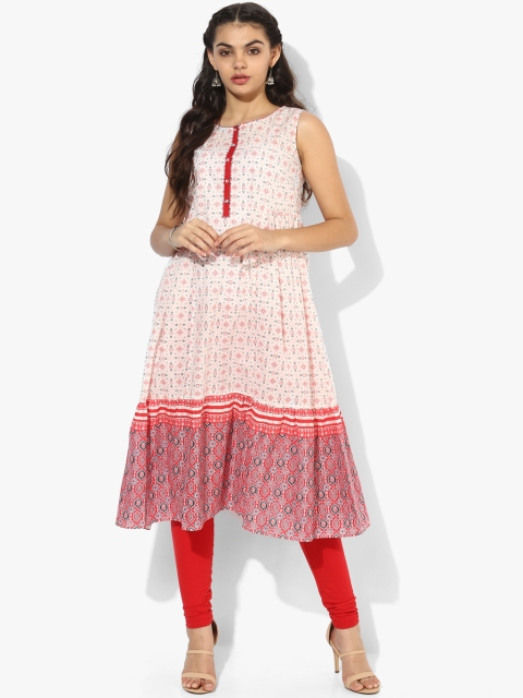 

AURELIA Women White & Pink Printed A-Line Kurta