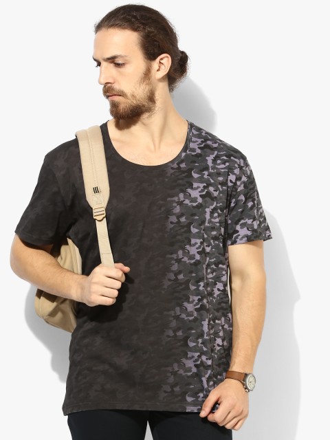 

Black Printed Slim Fit Round Neck T-Shirt, Grey