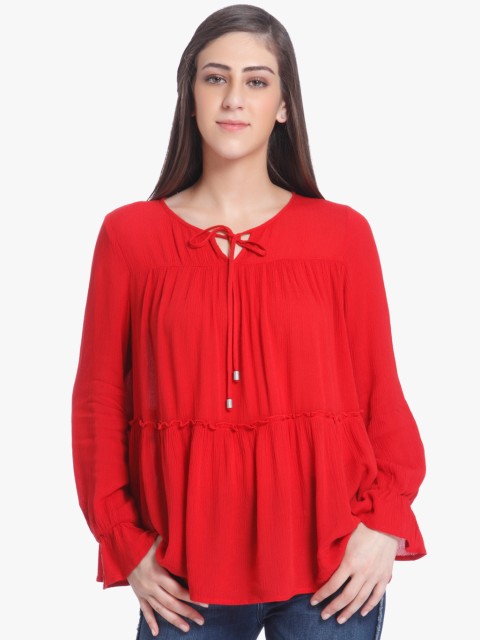 

ONLY Women Red Solid Tiered Top