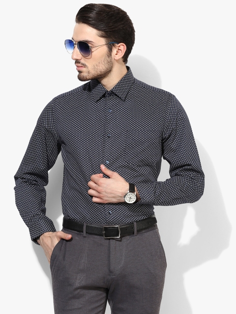 

Navy Blue Printed Slim Fit Formal Shirt