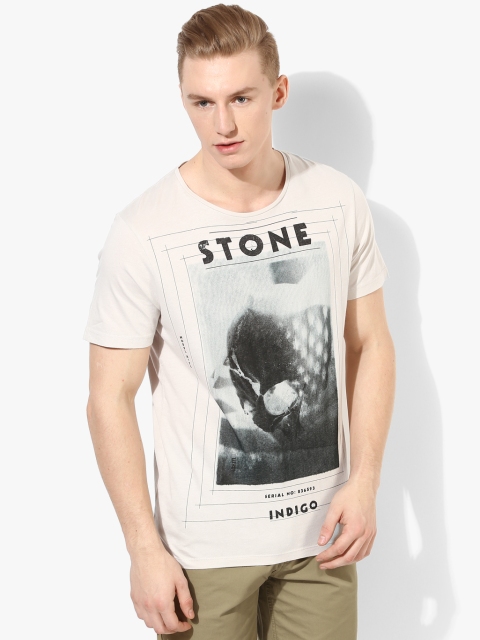 

Beige Printed Slim Fit Round Neck T-Shirt
