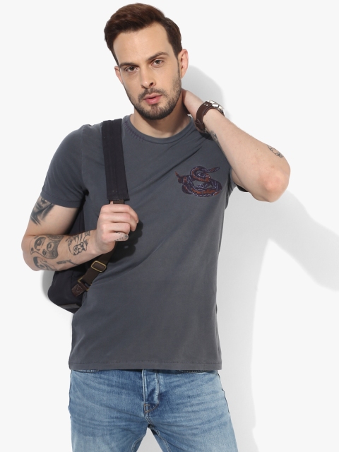 

Dark Grey Printed Straight Fit Round Neck T-Shirt