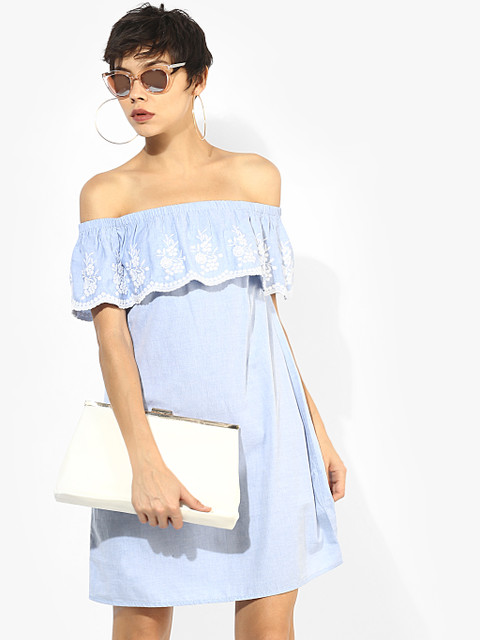 

Light Blue Coloured Embroidered Off Shoulder Dress