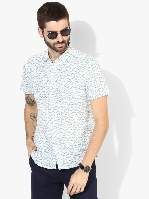 White Printed Slim Fit Casual Shirt