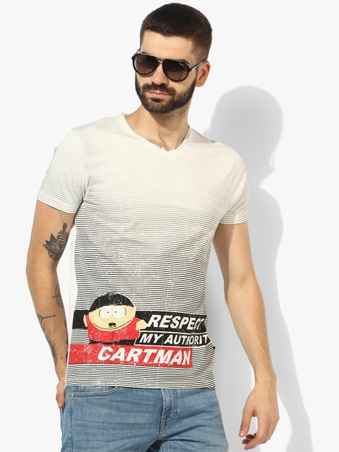 White Striped Slim Fit V Neck T-Shirt