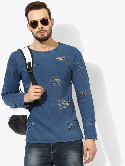 

Blue Distressed Regular Fit Round Neck T-Shirt