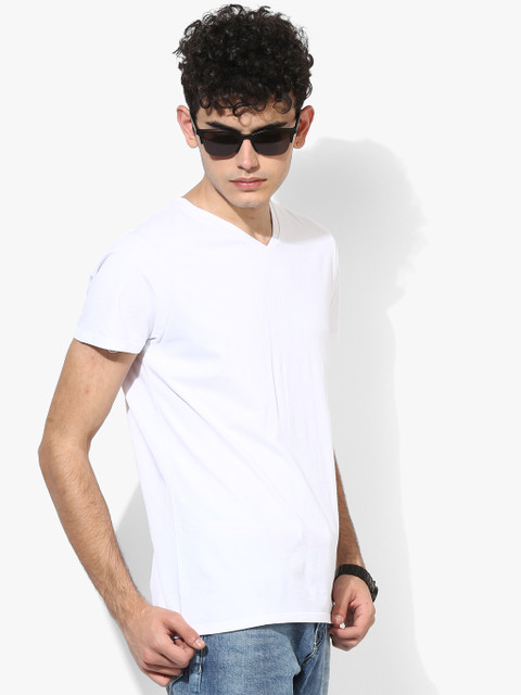 

White Solid Regular Fit V Neck T-Shirt