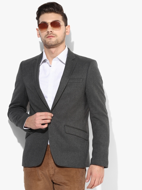 

True Blue Men Grey Solid Super Slim Fit Single-Breasted Blazer