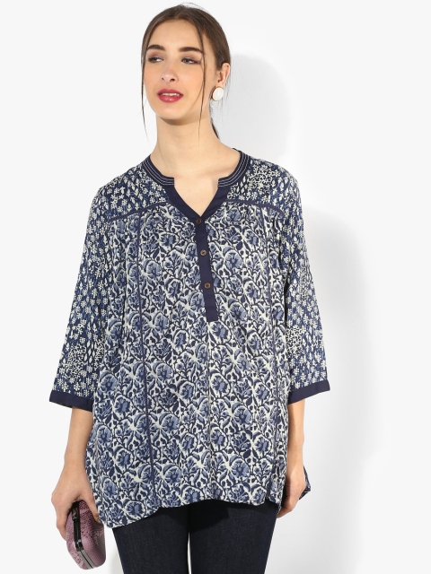 

Rangriti Navy & Off-White Printed Tunic, Navy blue