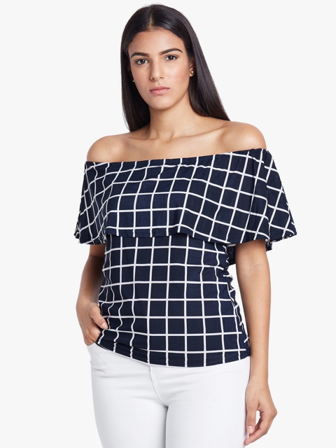 

AND Women Navy Blue & White Checked Bardot Top