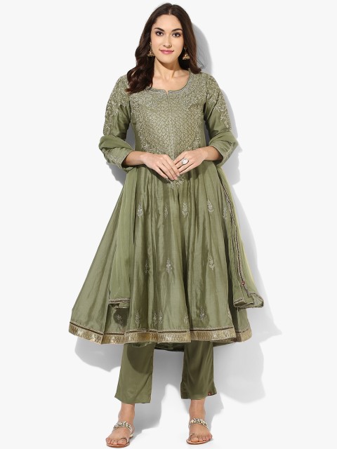 

Biba Women Olive Green & Embroidered Kurta with Palazzos & Dupatta