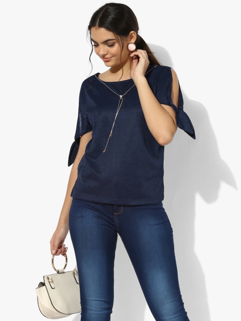 Navy Blue Solid Blouse With Necklace