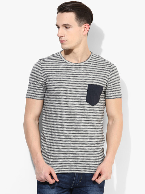 

Grey Striped Slim Fit Round Neck T-Shirt
