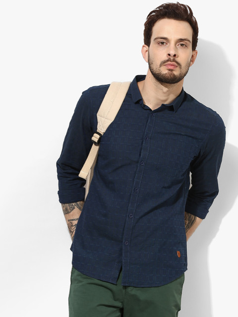 

Navy Blue Textured Slim Fit Casual Shirt
