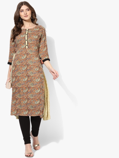 

Shree Women Brown & Cream-Coloured Printed A-Line Kurta With Waist Tie-Up Detail