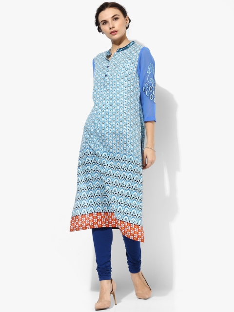 

Rain & Rainbow Women Blue & White Printed Straight Kurta