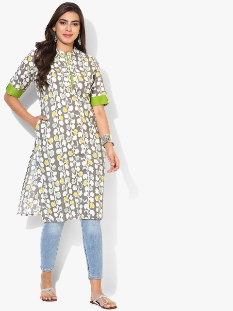 

Printed Band Collar Straight Fit Kurta With Elbow Length Sleeves, Grey