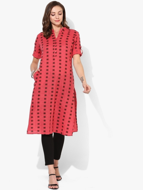 

Textured Printed Band Collar Straight Fit Kurta With 3/4Th Sleeves, Coral