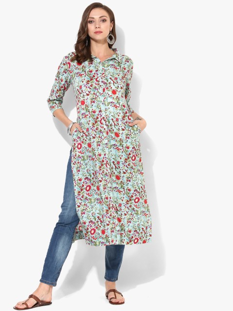 

Printed Band Collar A Line Kurta With 3/4Th Sleeves, Blue