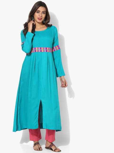 

Turquoise Blue Embroidered Round Neck Flared Kurta With 3/4Th Sleeves