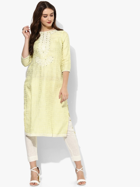 

Yellow Round Neck Embroidered Textured Straight Fit Kurta With 3/4Th Sleeves