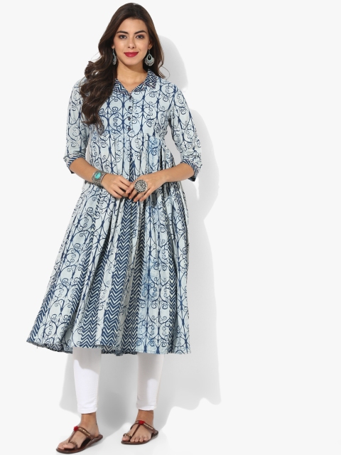 

Indigo Lapel Collar Box Pleated Anarkali With 3/4Th Sleeves, Blue